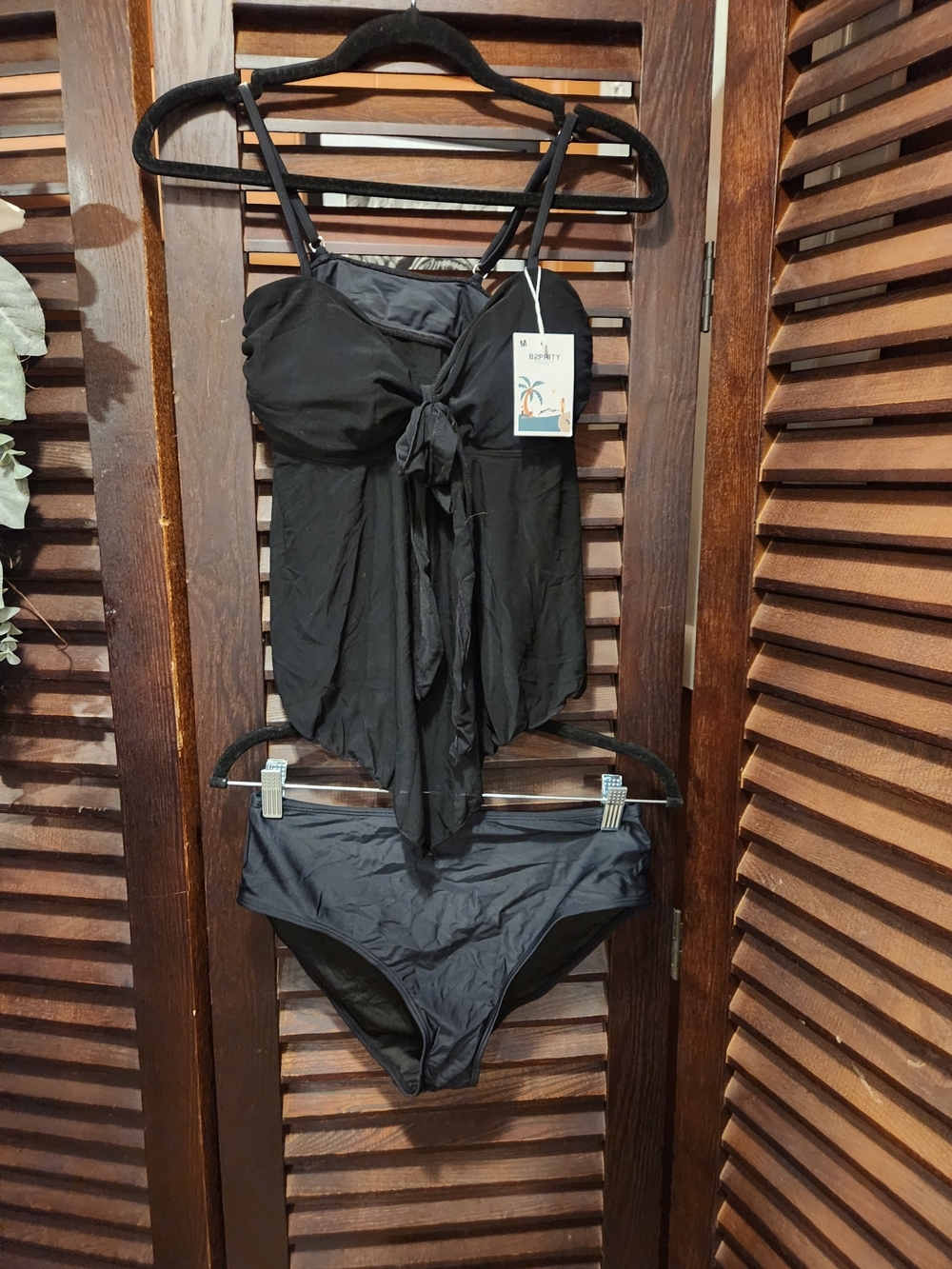 NWT Women's Black Tankini Two-Piece Swim Set with Tie-Front Top